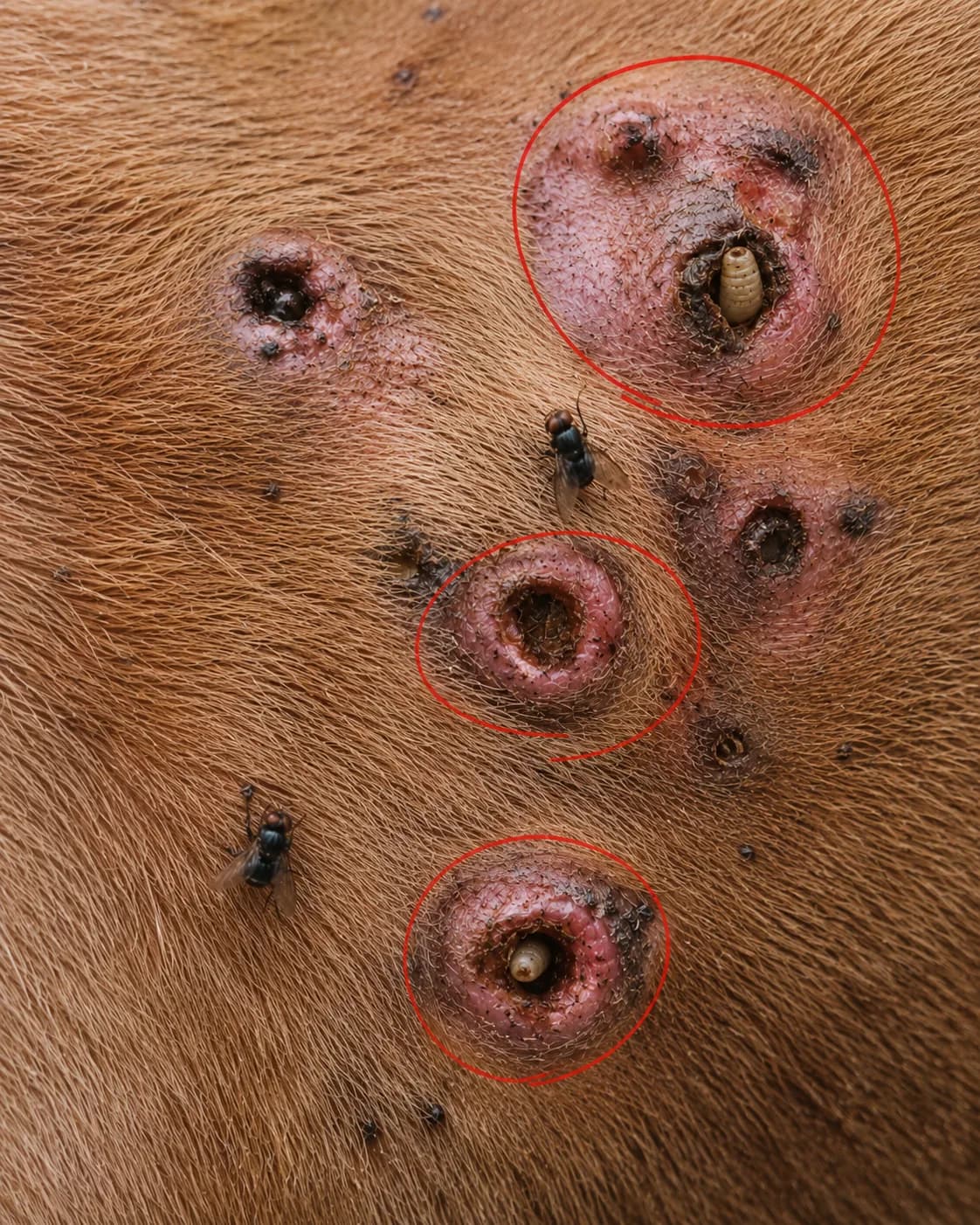 Close-up de berne e parasitas no couro do gado