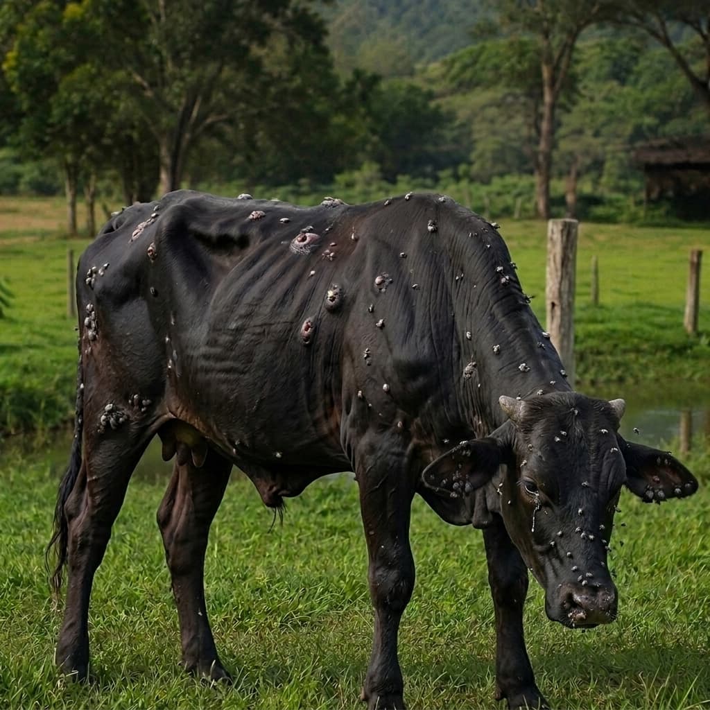 Gado preto judiado, opaco e com parasitas antes do tratamento
