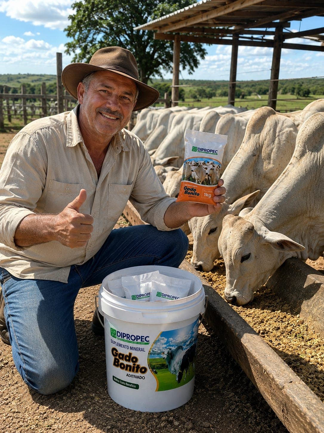 Produtor aplicando o produto no sal mineral junto ao rebanho